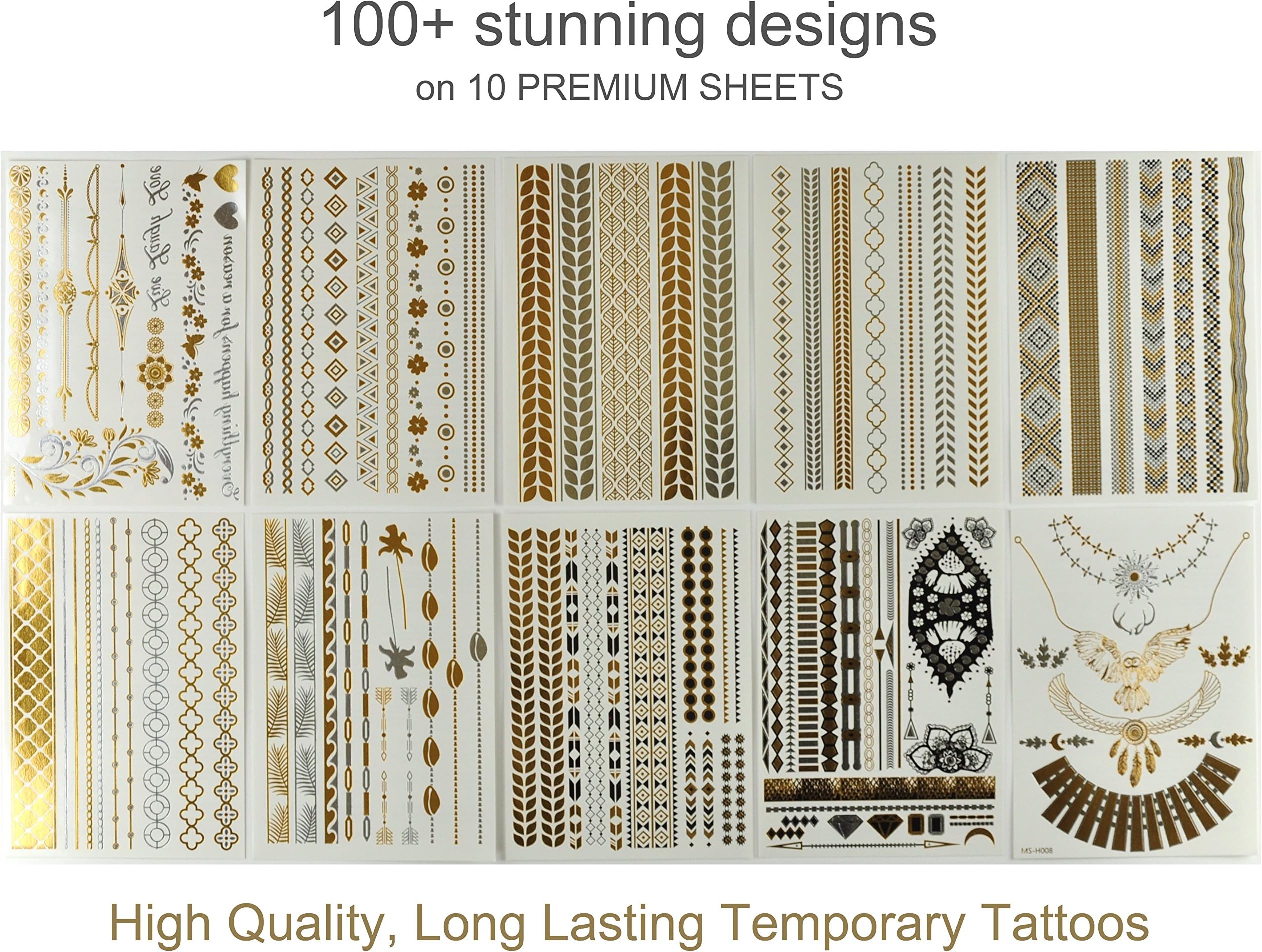 Classy Bohemian Temporary Metallic Tattoos for Body and Hair (10-Sheets)
