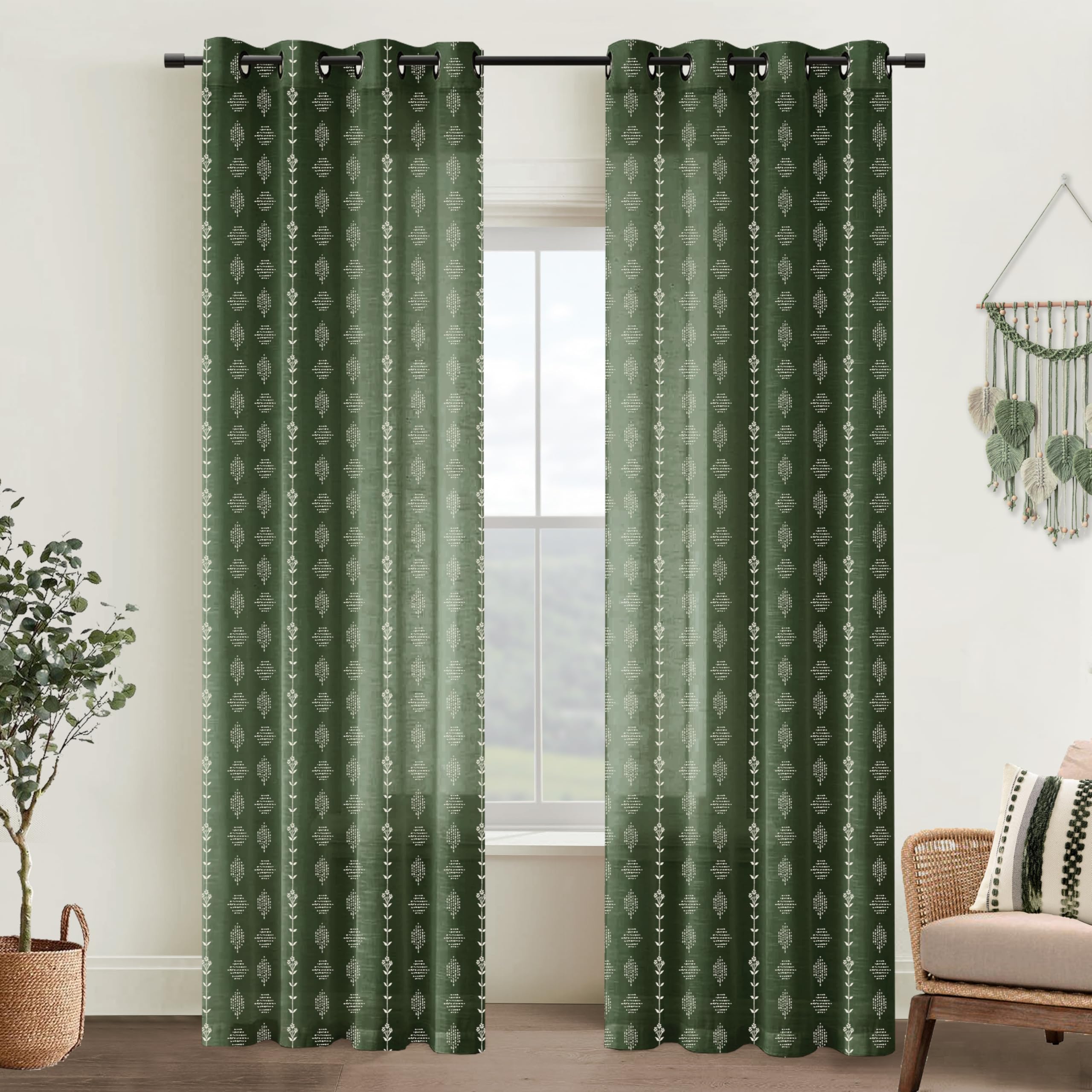 Photo 1 of Olive Green Boho Curtains,Sheer Linen Floral Pattern Modern Organic Home Decor Summer Curtains for Living Room Bedroom 84 Inches Long