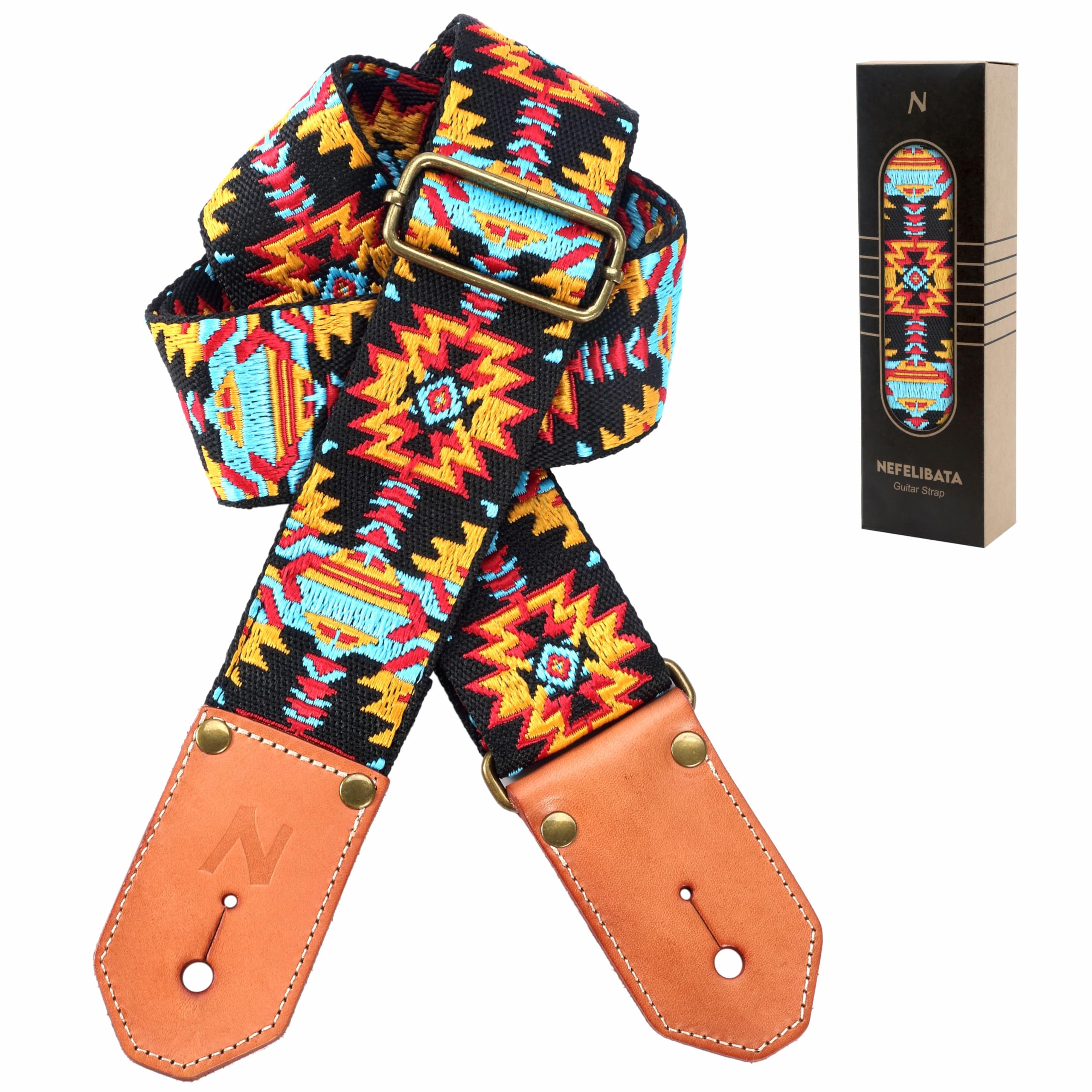 Nefelibata Cool Woven Guitar Strap - Cotton Guitar Straps with Thicked First Layer Vegetable Tanned Cowhide Leather Ends for Acoustic, Bass, Electric, Best Gift for Your Love Guitarists(Boho Yellow)