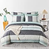 RYNGHIPY Sage Green Striped Comforter Set, Geometric Lightweight Soft Bedding Set, All Season Down Alternative Men Boy Comforter with Sheets Pillowcses (Full,Sage Green)