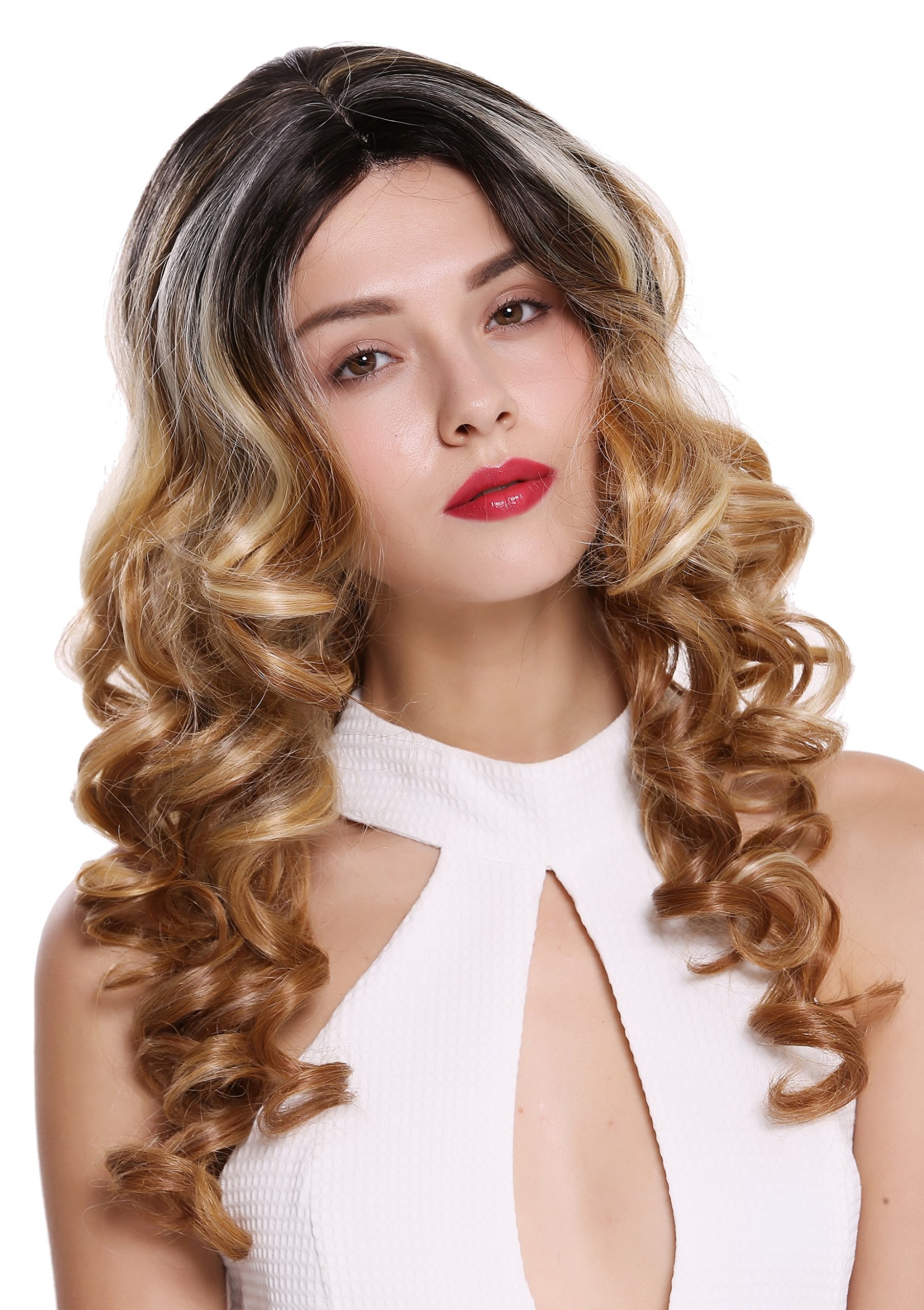 WIG ME UP - DW-2152 Quality women's wig lace front lady middle parting long curls Balayage highlights black blonde platinum highlights