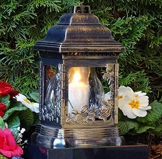 ♥ Grablampe Rosen Bronze Rustikal mit Grablicht 26,0cm Grabschmuck Grablaterne Grableuchte Kerze Grablicht Grabkerze Laterne Lampe Licht Schutzengel