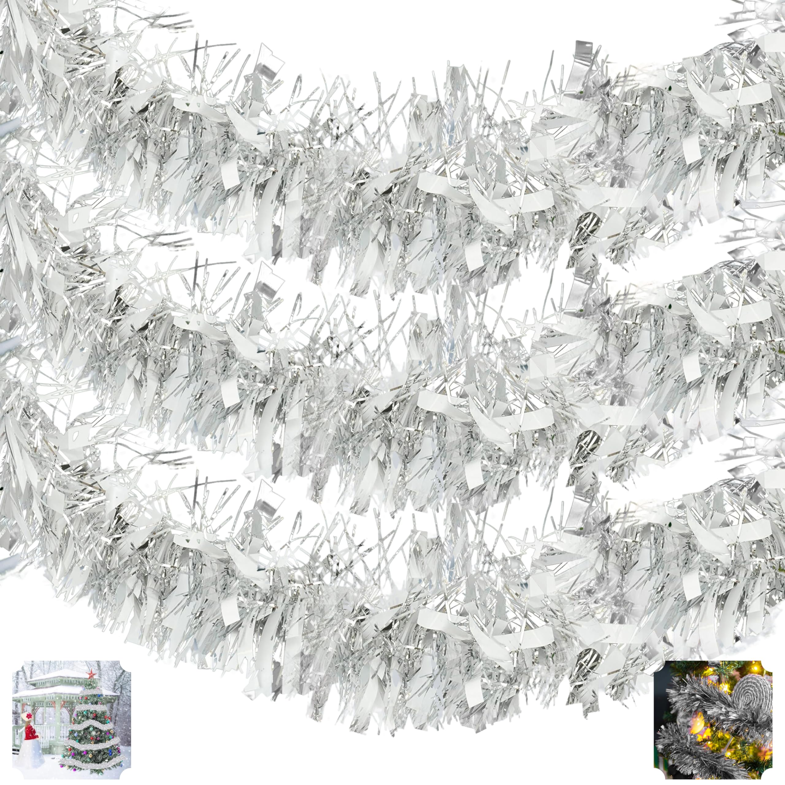 HOVUK® 3-Pack White/Silver Thick & Thin Tinsel Garland Christmas Decoration, Xmas Tree Decor (2M each White-Silver Tinsels) Total 6M