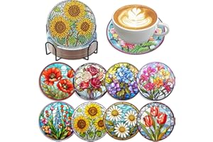FOXKISS 8 PCS Flowers Diamond Art Coasters Kits, Diamond Painting Coasters with Holder Set of 8, DIY Drink Coasters Art Crafts Supplies for Adults Cup Mat for Home Decor House Warming Gifts Non-Slip 3.9inch
