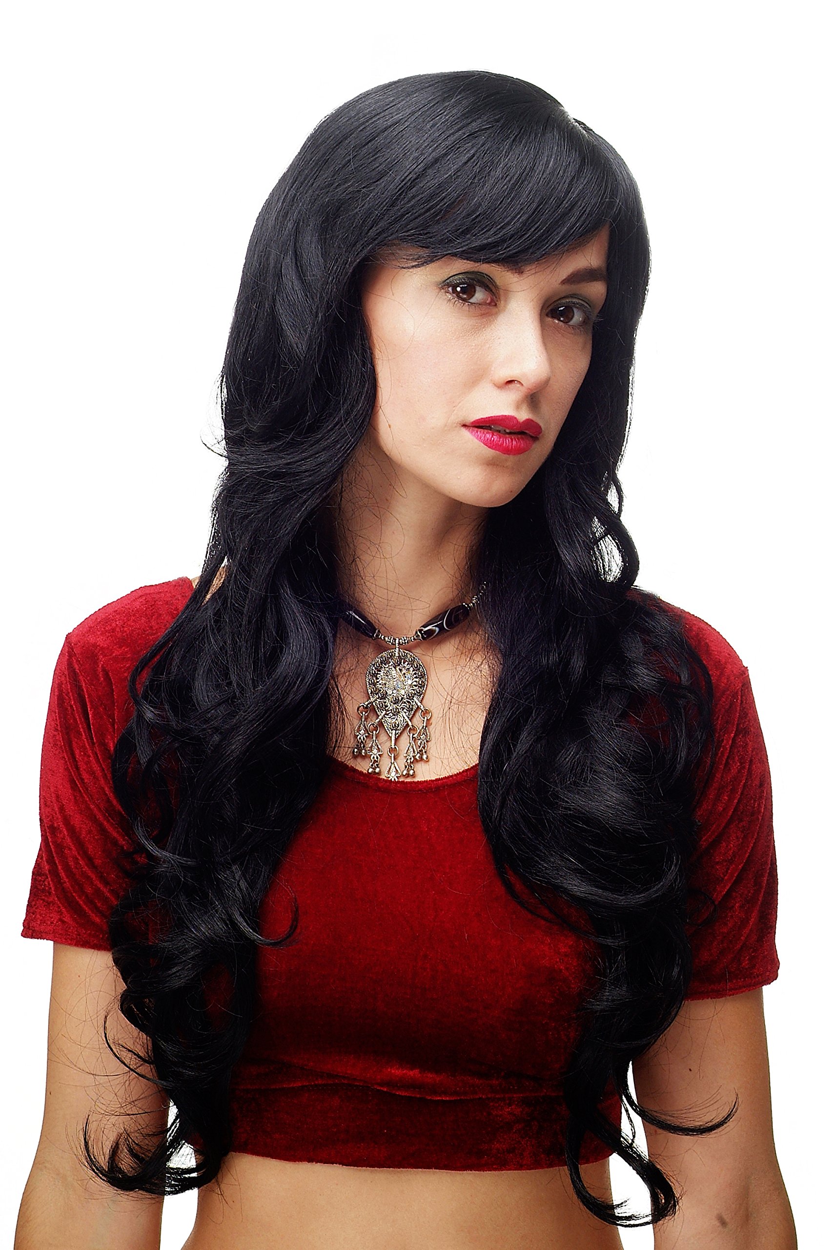 WIG ME UP 9204S-1 Stunning Lady Quality Wig very long wavy long fringe (for side parting) deep black raven 27,5 inch