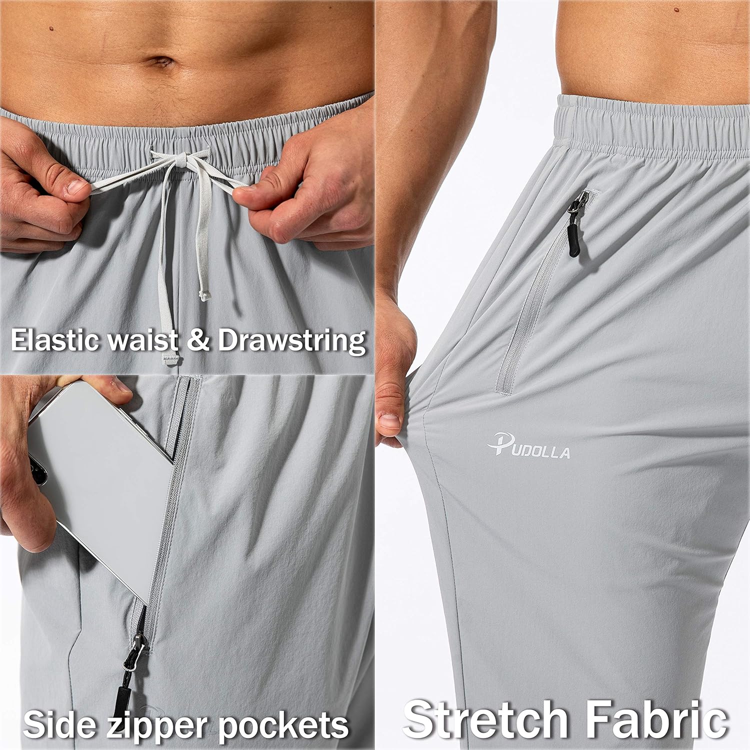 Pudolla Men's Workout Athletic Pants Elastic Waist Jogging Running Pants for Men with Zipper Pockets: Clothing