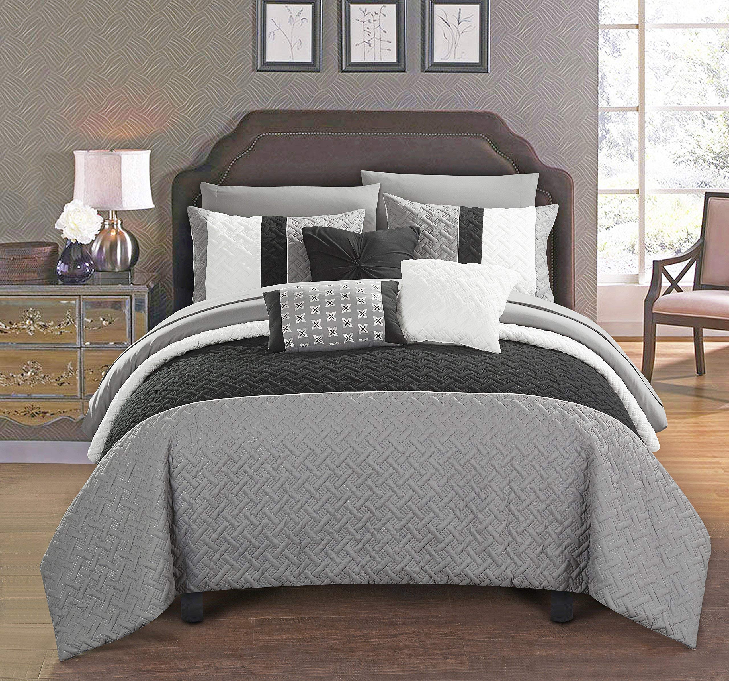 chic home osnat 10 piece comforter set color block quilted embroidered design bed in a bag bedding – sheets decorative pillows shams included queen grey