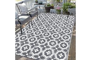 Vaukki Reversible Rug, Plastic Straw Outdoor Mat Fade Resistant Plastic Outdoor Patio Mat, Lightweight Ocean Area Carpet for Patio, RV, Camping, Deck, Backyard and Picnic (Grey and White, 6'x9')