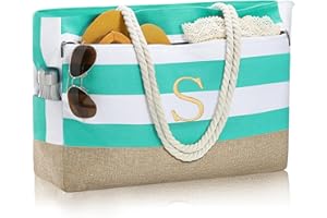 YOOLIFE Large Initial Beach Bag Waterproof Tote Zipper Bag Personalized Gifts for Women Her Birthday Travel Beach Essential