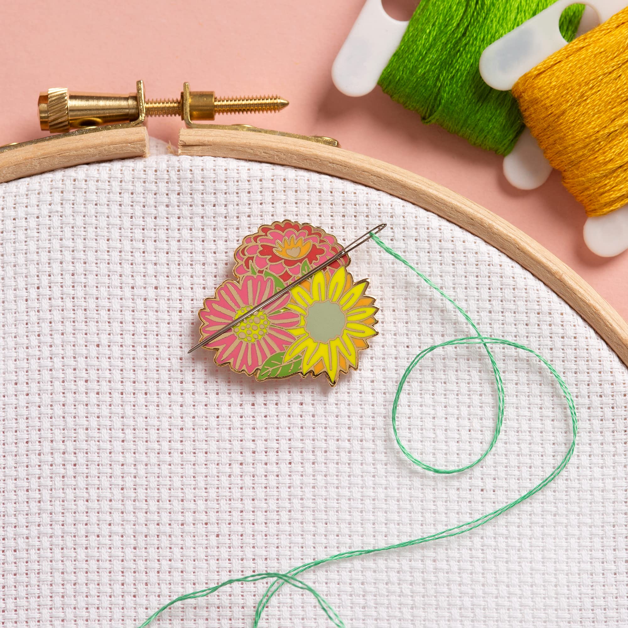 Needle Minder - Flowers Floral Sunflower Design for Cross Stitch, Sewing, Embroidery and Needlework Accessories, Enamel and Magnetic