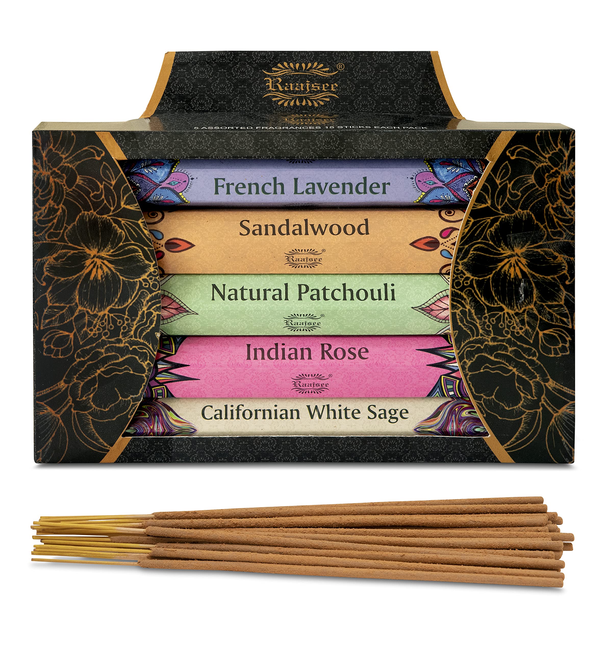 Raajsee Incense Sticks 5 Pack Variety Set 20 Sticks Each (Total 100 Sticks), Californian White Sage-French Lavender-Sandalwood-Natural Patchouli-Indian Rose,100% Organic Natural Hand Rolled