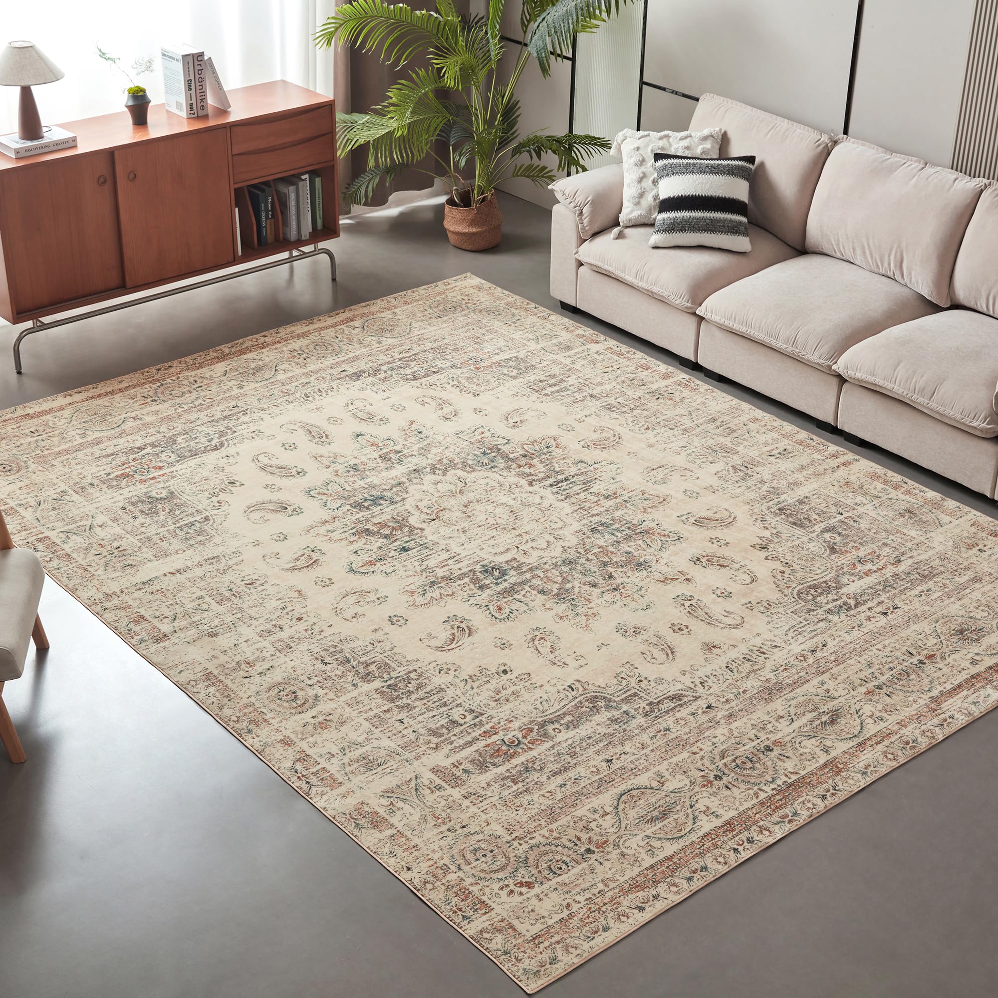 Photo 1 of Area Rug 6x9 Washable Rug Beige Vintage Traditional Floor Cover Foldable Thin Retro Accent Indoor Distressed Non Slip Carpet Floral Print Mat Bedroom Living Room Bathroom