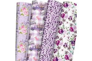 SaringSwoon Purple Flora Wrapping Paper - Wedding Gift Wrap with Flowers, Plaid, Paris Eiffel Tower and Truck for Bridal Shower, Mother's Day, Valentine's Day, Birthday - 20×29 Inches, 8 Sheets