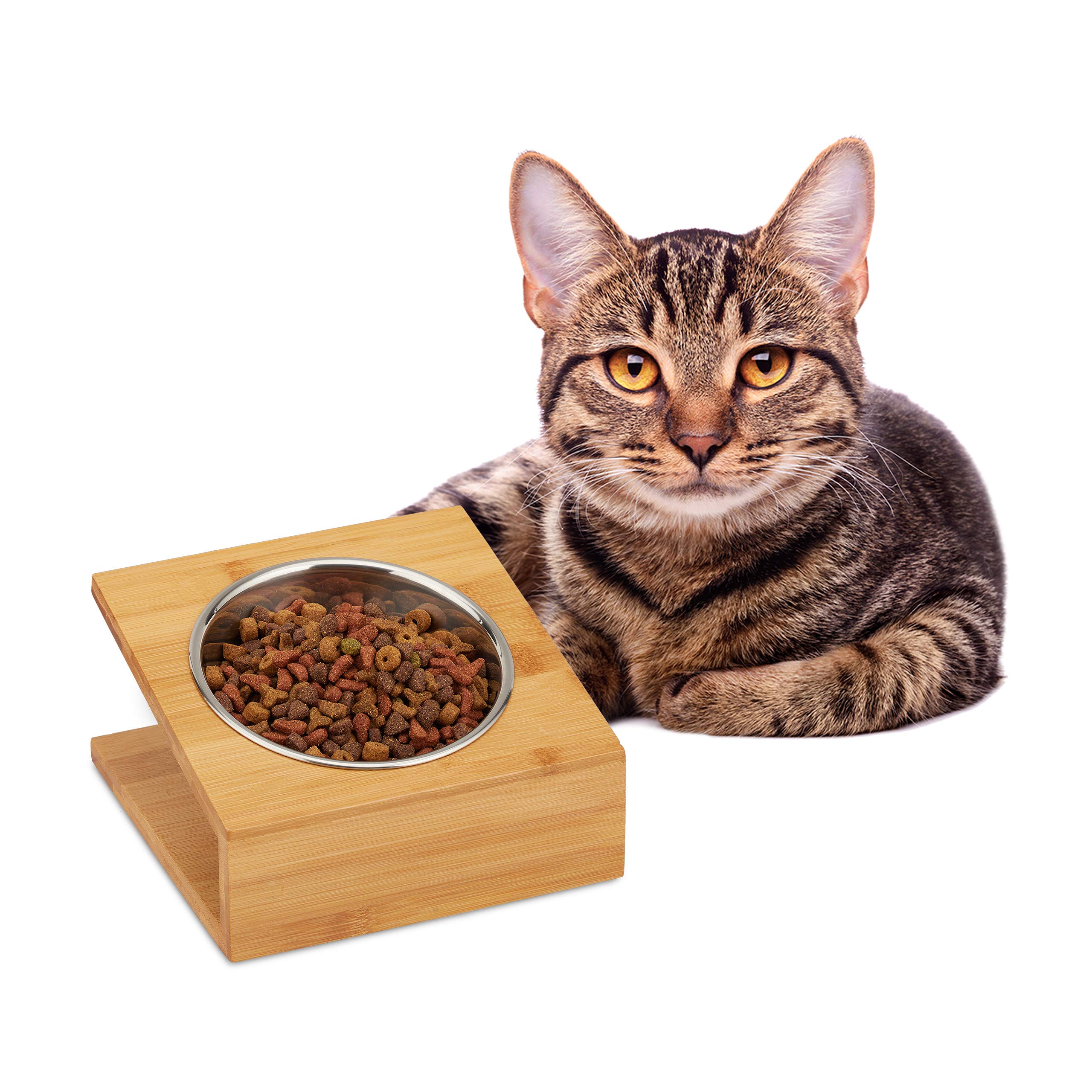 Relaxdays Feeding Station for Cats & Dogs, Bamboo, Stainless Steel, 300 ml