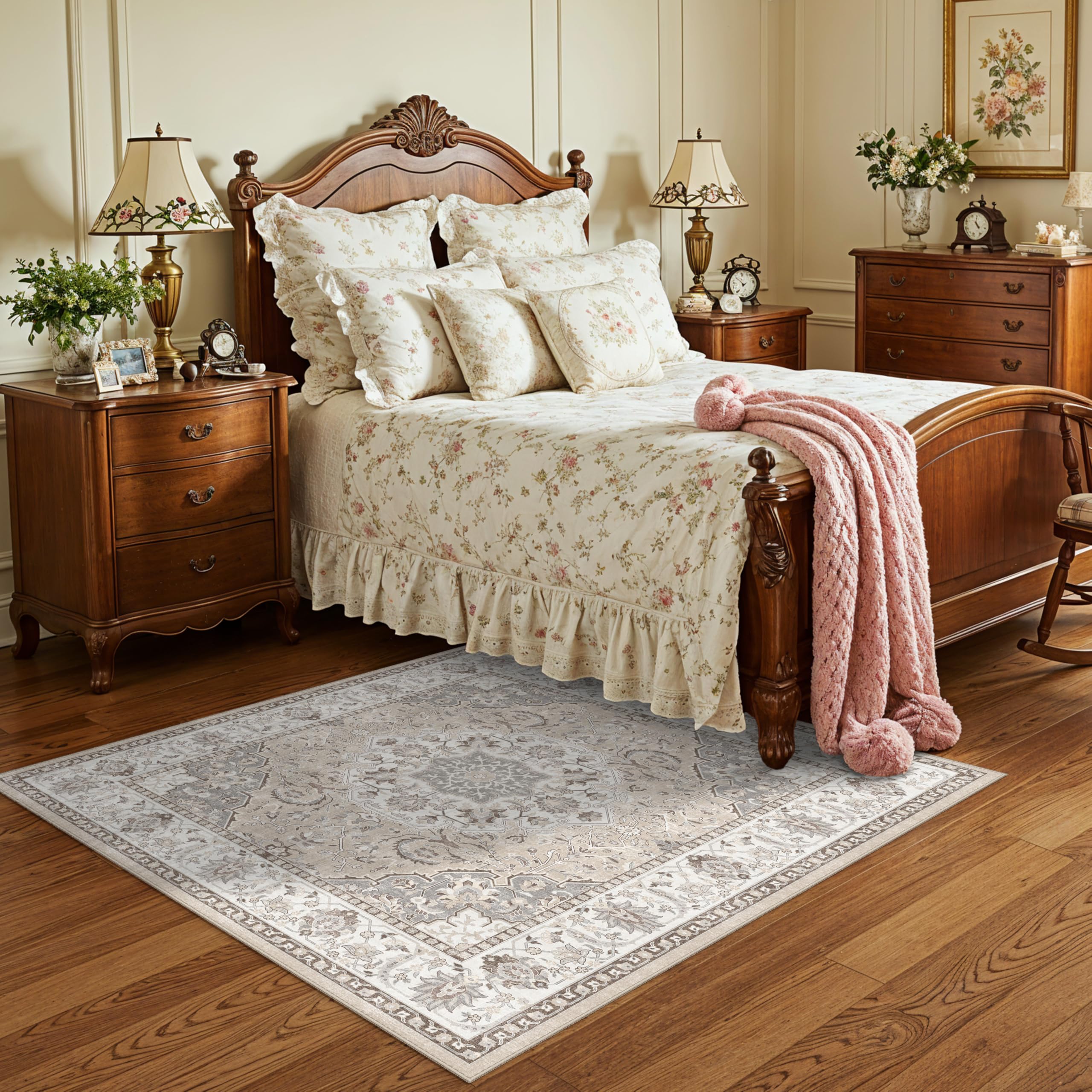 Photo 1 of Washable 5x5 Square Area Rugs: Indoor Non-Slip Entryway Kitchen Rugs Oriental Stain-Resistant Bathroom Laundry Floor Mat Water Resistant Light Weight Carpet for Living Room Bedroom Nursery(5x5,Beige)