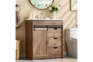 Aitjunz 30" Farmhouse Bathroom Vanity with Sink, Freestanding Modern Bathroom Storage Vanity Cabinet w/Sliding Barn Door, 3 Drawers & Adjustable Shelves, Light Brown