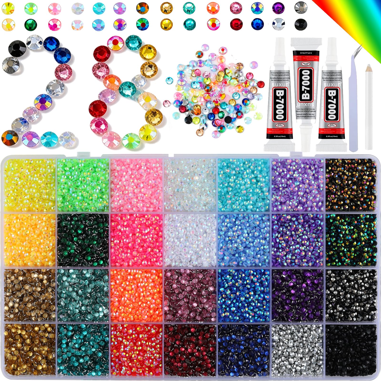 Photo 1 of 28 Colors Resin Jelly Gems Bedazzling Kit, 3mm Flatback Rhinestone Gems for Nail Art Crafts, with 3 Bottles B7000 Glue for Clothes, Shoes, Bedazzled DIY Jewelry Making Heavy Duty Weather Resistant