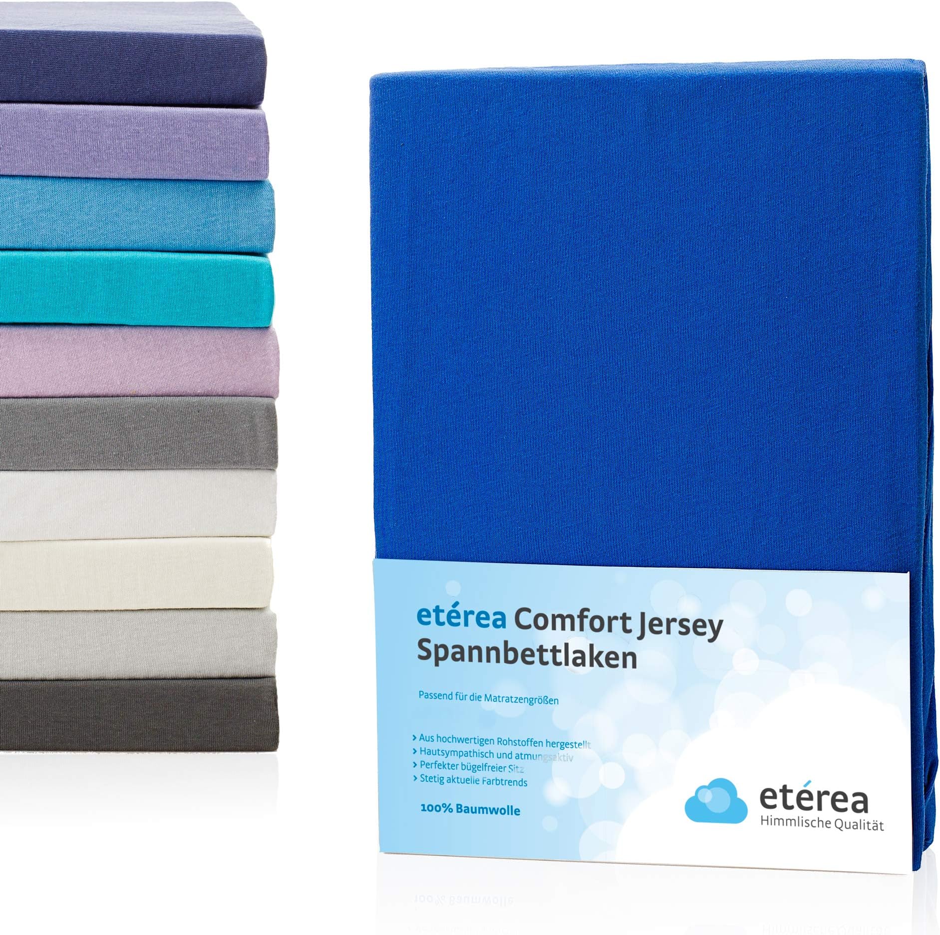 etérea Comfort Jersey Fitted Bed Sheet 180 x 200 – 200 x 200 Cm, Available in a Range of Colours, 100 % Cotton, blue, 90x200 cm - 100x200 cm
