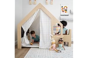 Avenlur Flair - 5 in 1 Indoor Playhouse with Desk Table, Chair, Chalkboard, Floor Cushion and Curtain Shades - Montessori and Waldorf Style for Ages 1 to 8 Years Old - (Large, Colorful Windowpane)