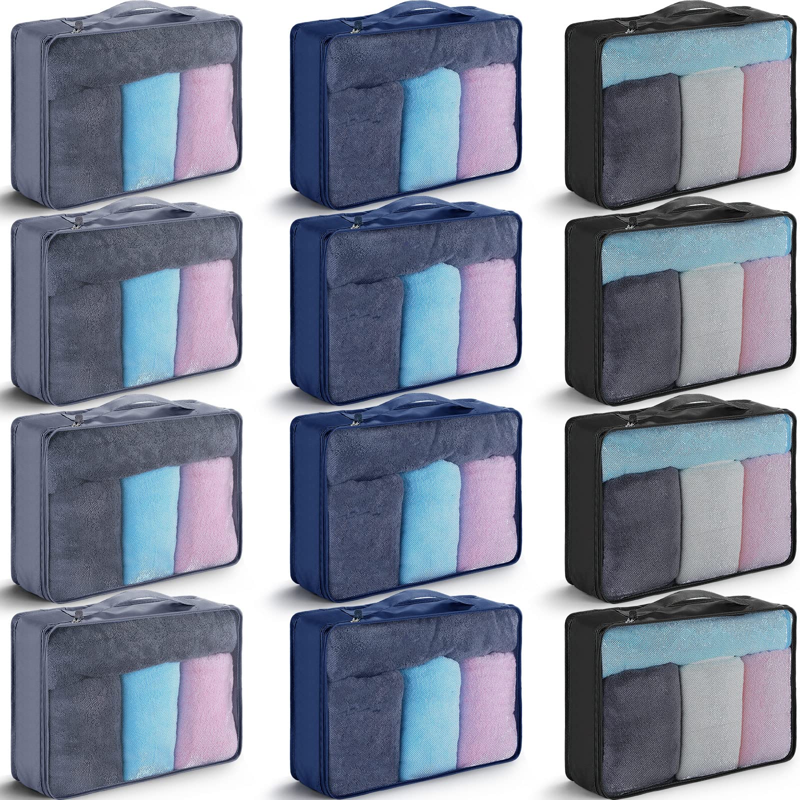 Photo 1 of 12 Pcs Large Packing Cubes Luggage Organizers for Suitcase Mesh Travel Organizer Bags Travel Packing Organizers for Traveling Camping Hiking (Dark Gray, Black, Navy Blue, 15.8 x 11.8 x 4.3 Inch)