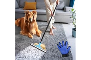 OKKÖBI Carpet Rake for Pet Hair Removal – Carpet Scraper & Pet Fur Rake – Dog & Cat - Animal Fur Broom for Rugs & Furniture with Adjustable Lengths - Blue