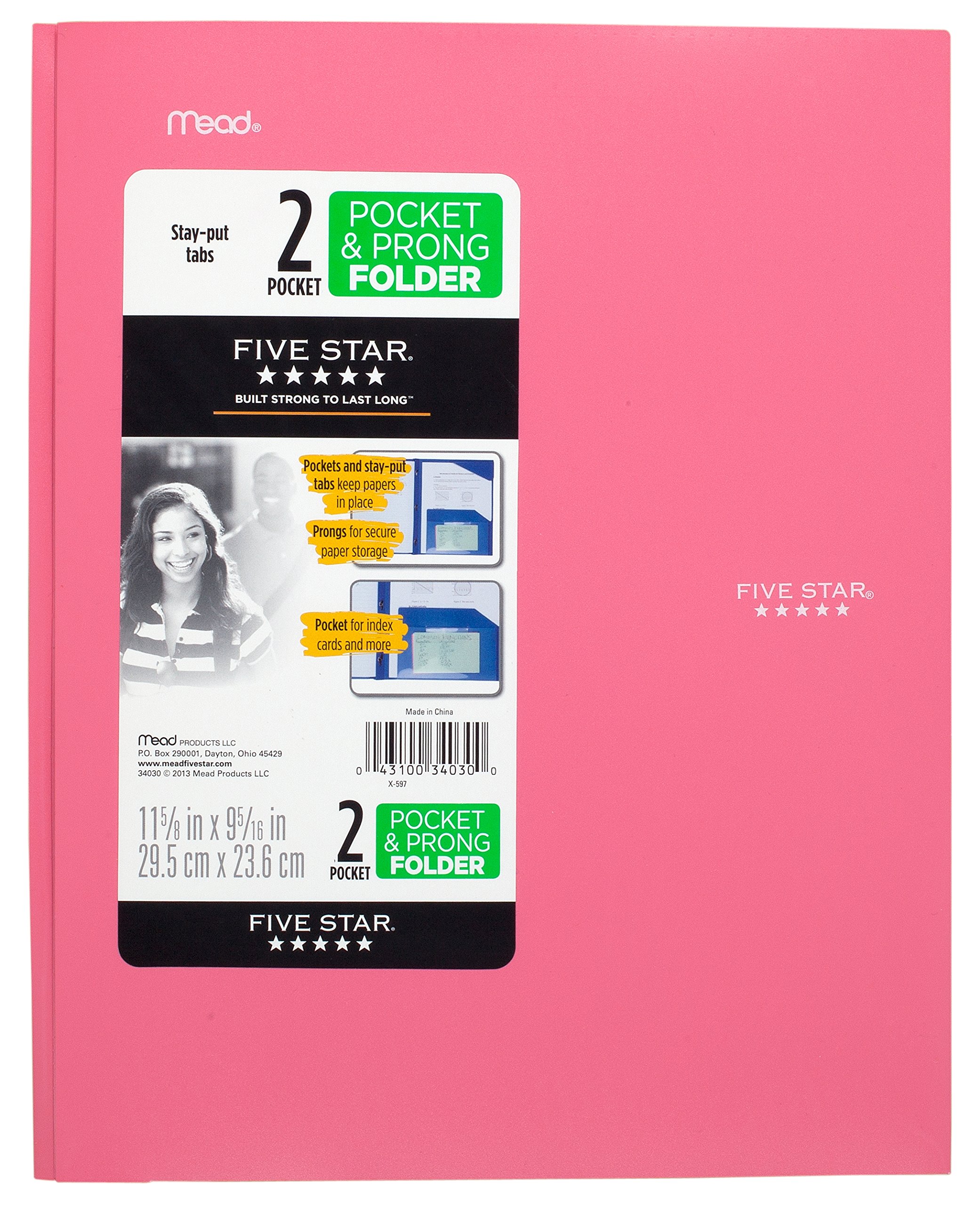 Photo 1 of Five Star 2-Pocket Folder, Stay-Put Folder, Plastic Colored Folders with Pockets & Prong Fasteners for 3-Ring Binders, For Home School Supplies & Home Office, 11” x 8-1/2”, Pink (72105)
