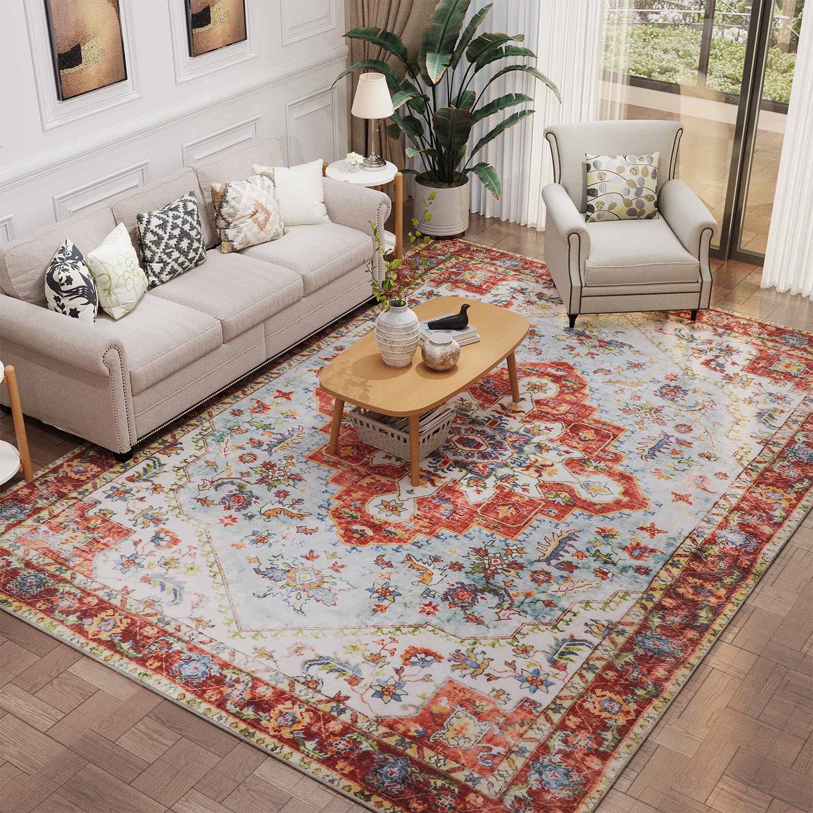 Photo 1 of TECHMILLY Area Rug - 8x10 Large Living Room Area Rug, Non-Slip Print Floor Carpet for Dining Room, Living Room, Washable Vintage Soft Carpet,Red