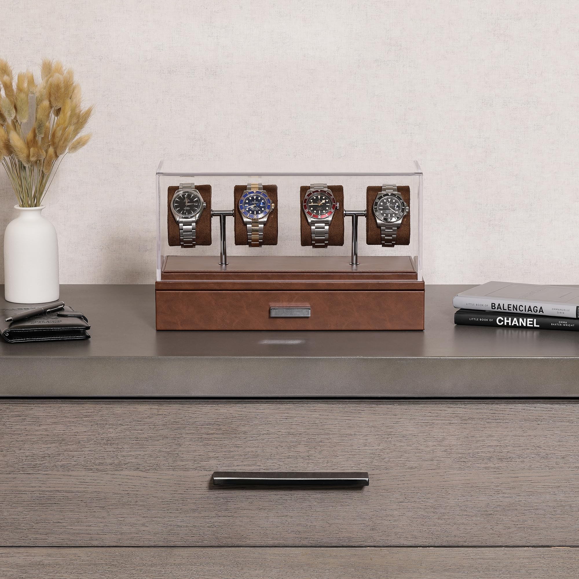 ROTHWELL Luxury Watch Display Case for 4 Watches – Leather Watch Box with Acrylic Cover and Removable Slide in Cushions – Accessory Drawer with Multiple Configurations (Tan/Brown)