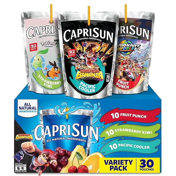 CAPRI SUN FRUIT PUNCH, STRAWBERRY KIWI AND PACIFIC COOLER FLAVORED JUICE DRINK BLEND VARIETY PACK, 30 CT BOX, 6 FL OZ POUCHES