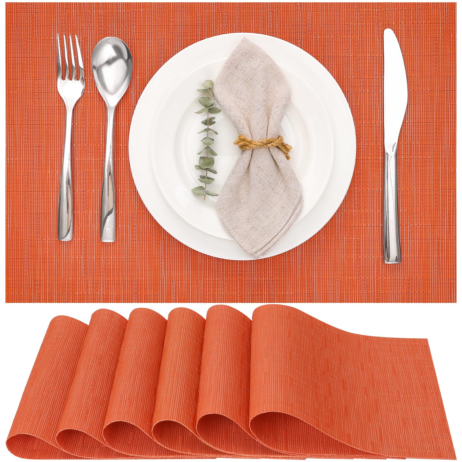 Myir JUN Table Mats Set of 6, Place Mats Table Placemats Washable Non-slip Heat Insulation Woven Vinyl for Kitchen Dinning Restaurant 17"X12" (Orange)