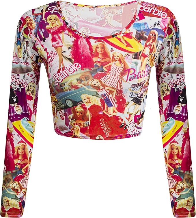 Womens Ladies Long Sleeve Barbie Doll Print Sexy Crop Cropped Top Size