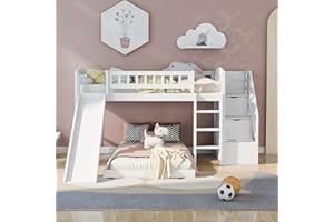 BIADNBZ Twin Low Bunk Bed Slide and Storage Stairs Drawers, Wooden Floor Bunkbeds, for Kids/Teens Bedroom, White