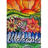 Covido Home Decorative Welcome Spring Watercolor Flowers Garden Flag, Summer Sunshine House Yard Abstract Floral Outside Decorations, Sunrise Farmhouse Seasonal Outdoor Small Decor Double Sided 12x18
