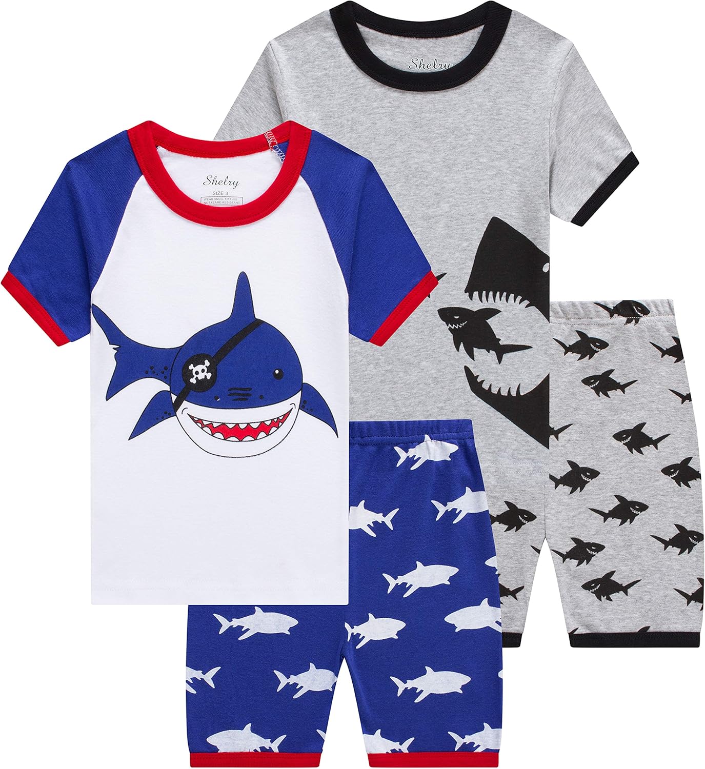 Boys Cool Shark Pajamas Summer Children Clothes 4 Pieces