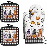 ZAEW Halloween Ghost Gnome 4PC Oven Mitts Pot Holders Set Heat Resistant | Hot Pad and Oven Gloves Heat Set for Baking BBQ Grilling Cooking Gift Kitchen Decor