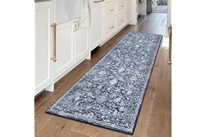 KILOCOCO Hallway Runner 2x5 Printed Vintage Floral Washable Kitchen Runner Rug Non-Slip Runners for Hallways Distressed Boho Runners for Bedroom Laundry Room, Navy Blue