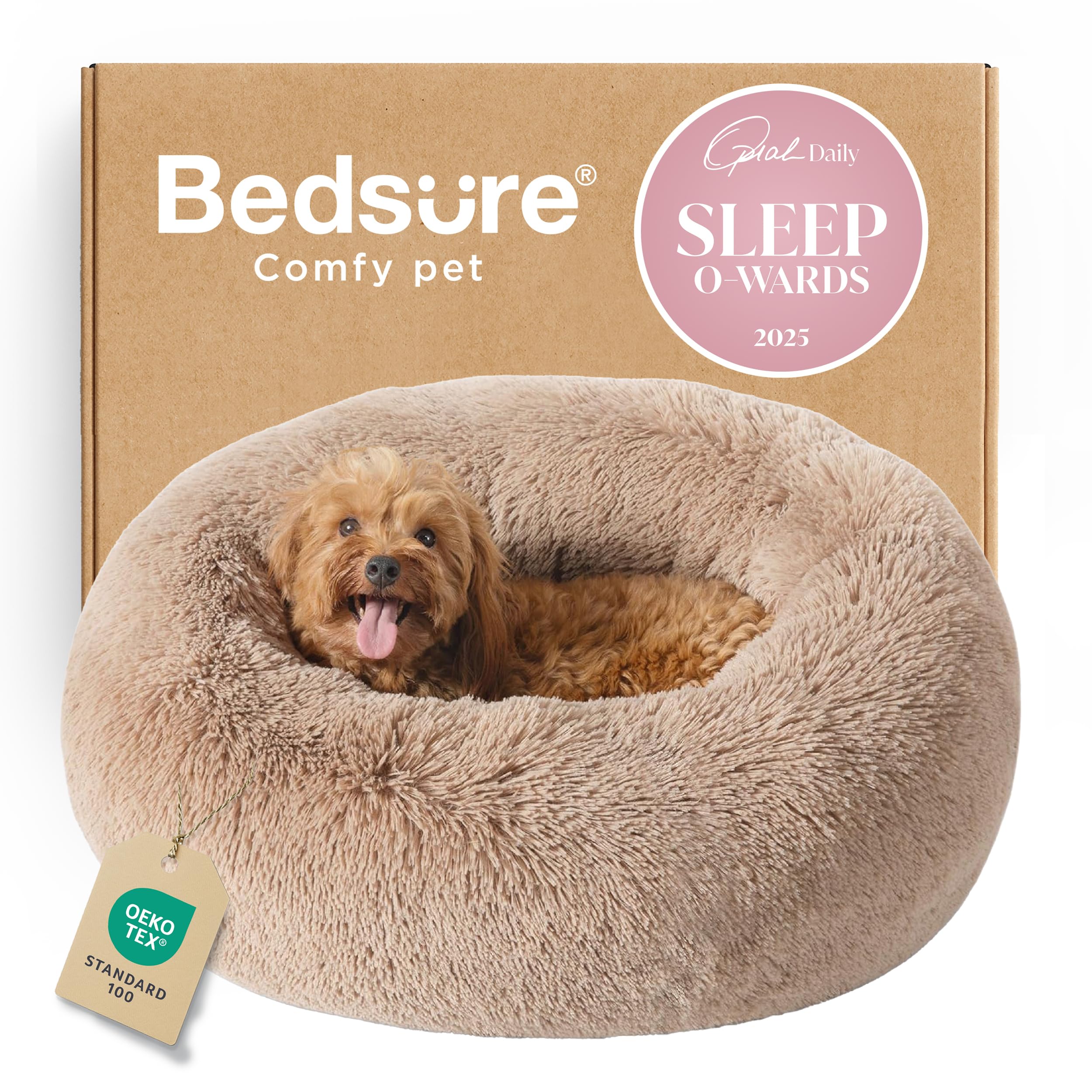Photo 1 of Bedsure Calming Dog Bed for Small Medium Dogs - Donut Washable Medium Puppy Bed, 27 inches Anti-Slip Round Fluffy Plush Faux Fur Pet Bed, Camel