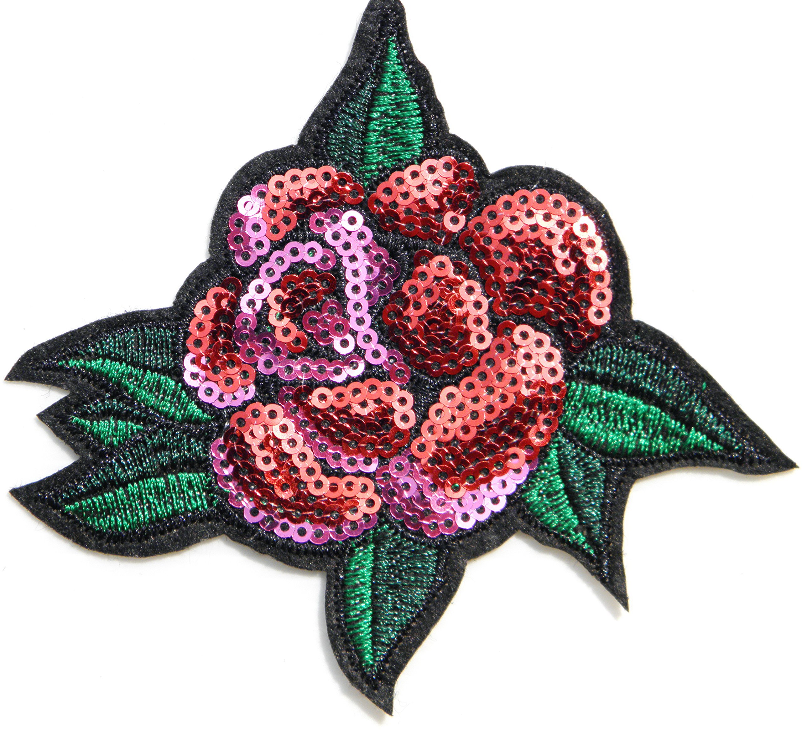 Red Rose Flower Floral Sparkly Sequin Shine Shiny Patch Sew Iron on Embroidered Applique Craft Handmade Baby Kid Girl Women Sexy Lady Hip Hop Cloths DIY Costume