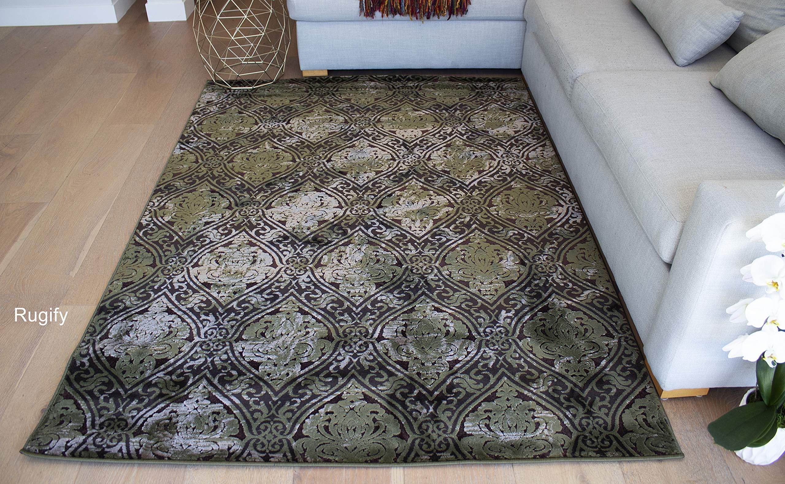 LA Geometric Abstract Modern Contemporary Floral Transitional Designer Decorative Hand Tufted Hand Woven 5-Feet-by-7-Feet Polyester Made Area Rug Carpet Rug Green Brown Colors