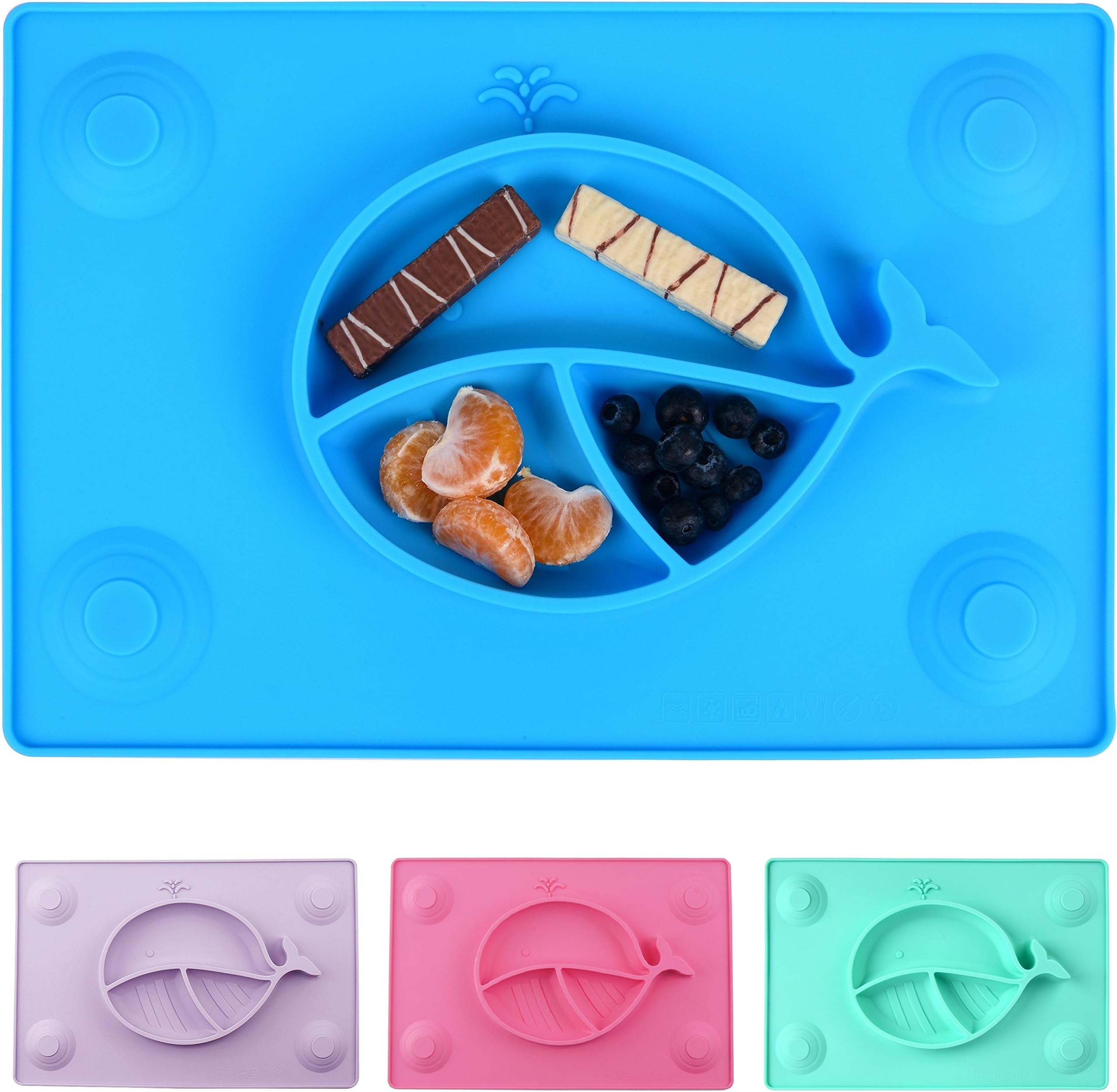 KiddyByte Children Silicone Placemat with Suction Cups for Maximum Hold - 3 Section Food Tray for Kids, Babies, Toddler and Infant (Blue)