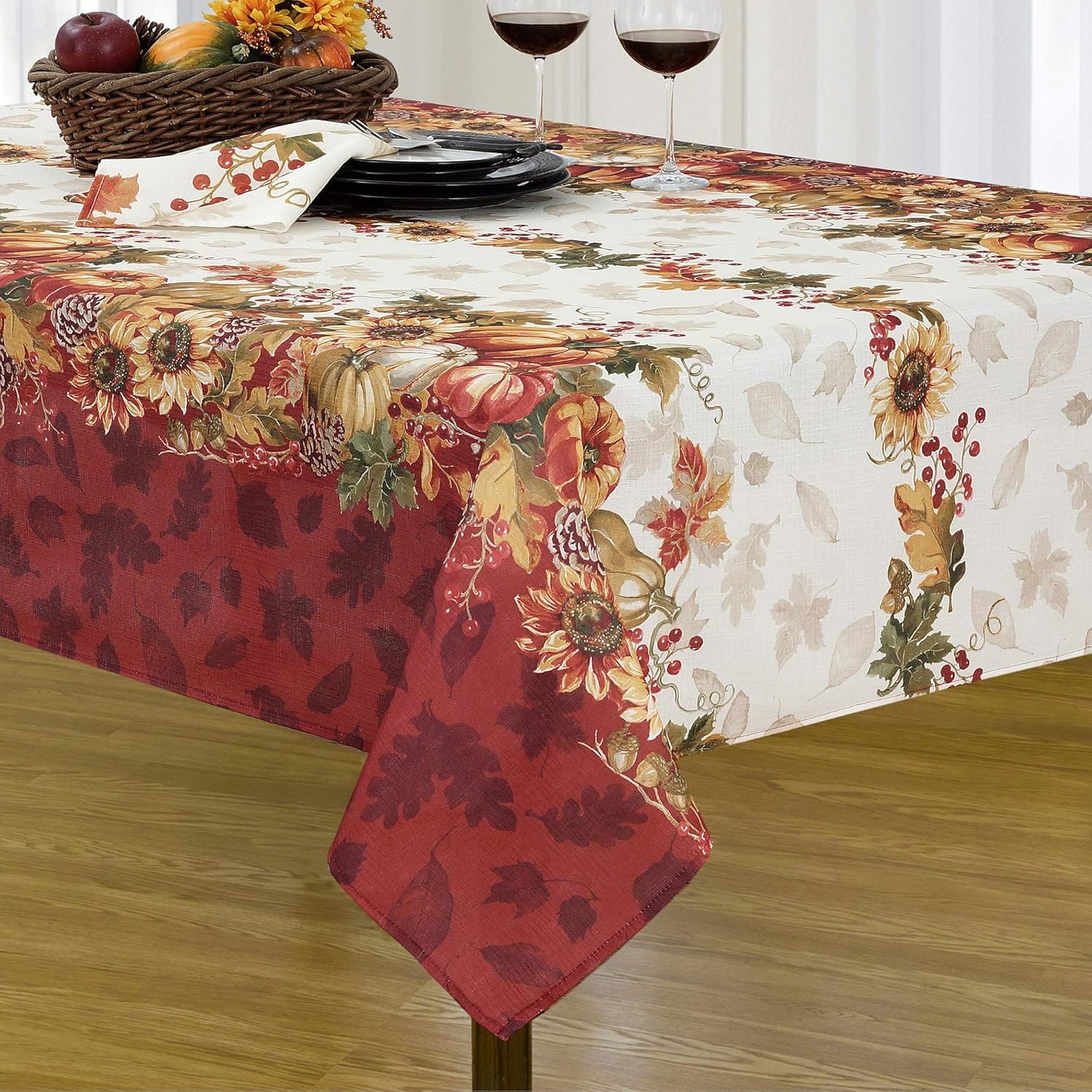 Elrene Home Fashions Swaying Leaves Bordered Fabric Tablecloth for Fall/Thanksgiving/Harvest, 60"x120", Multi: Home & Kitchen
