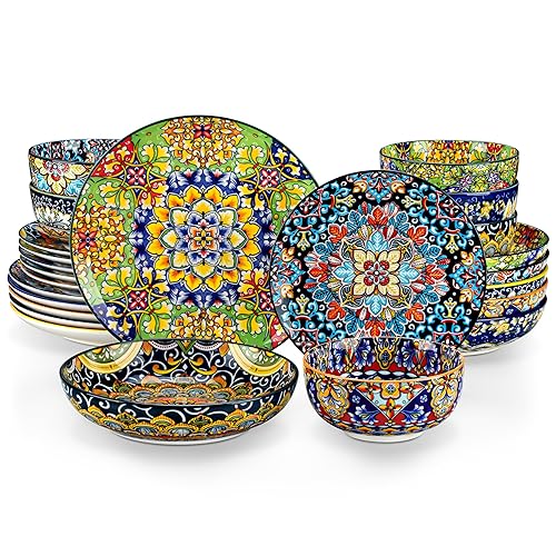 vancasso SIMI Dinner Set- 24 Pieces for 6 People, Porcelain Plates and Bowls Set, Bohemian Style Dinnerware Sets, Scratch Resistant Dinner Service Set, Dishwasher and Microwave Safe