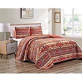 Rustic Western Native American Quilt Bedspread Coverlet Bedding Set in Modern Southwest Tribal Patterns in Soft Beige Brown Turquoise Blue Copper Burnt Orange & Rust Colors - Arizona (King / Cal-King)