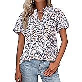 MASCOMODA Boho Short Sleeve Floral Work Blouses for Women Dressy Casual V Neck Puff Sleeve Loose Chiffon Flowy Tops Shirts