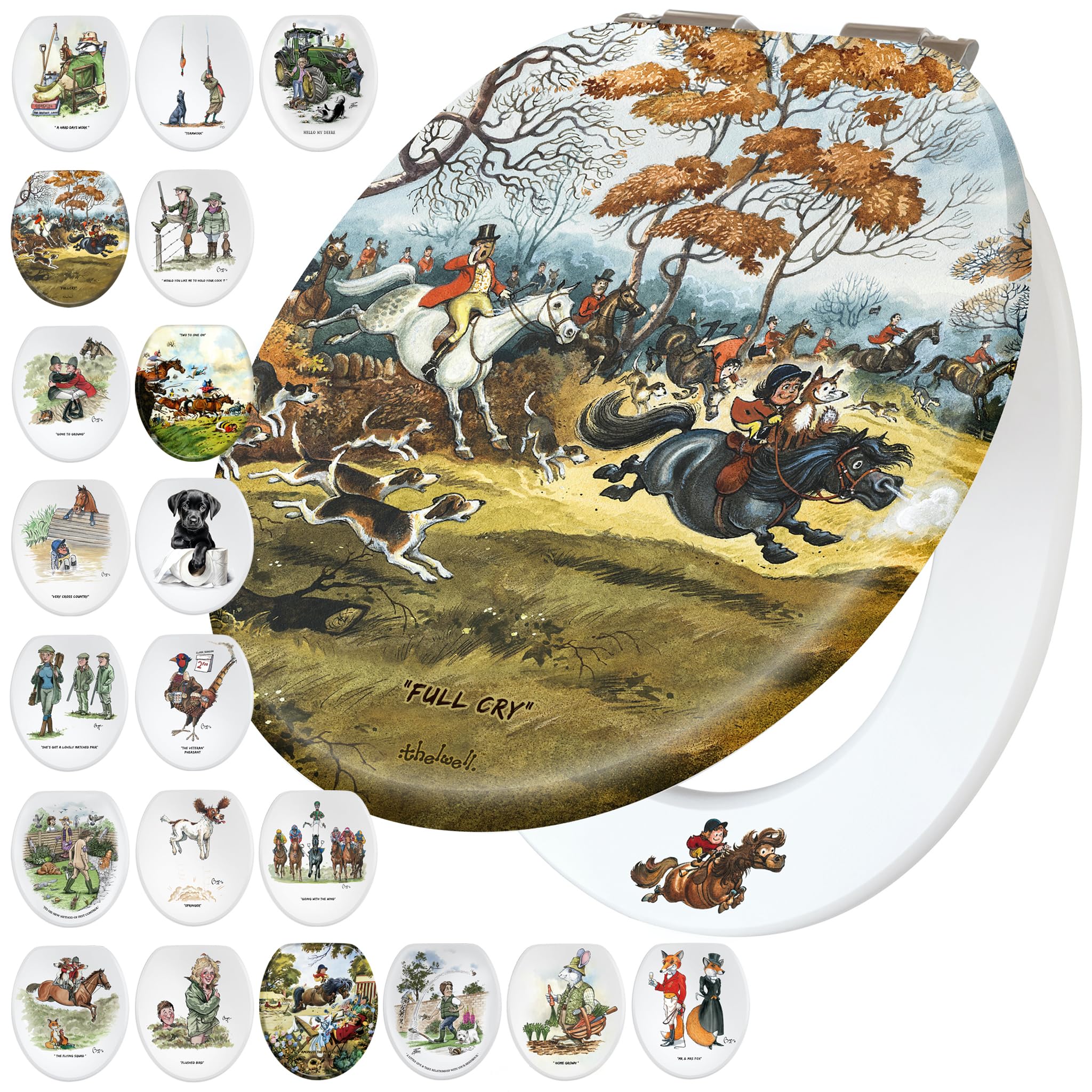 Fun Novelty Toilet Seat Soft Close,Top & Bottom Fixing, Printed On 3 Surfaces With Thelwell Equestrian Art. Traditional Country Lifestyle Fox & Hound, Horse Riding Home Gift Idea For Friends & Family.