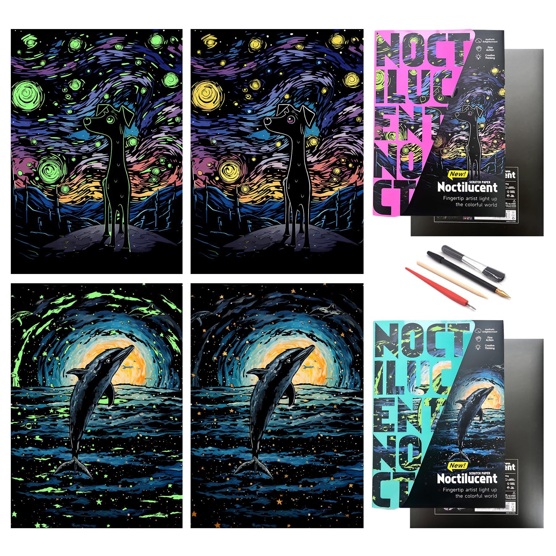 SiYear Scratch Paper Rainbow Painting Sketch, City Series Night Scene,Scratch Painting Creative Gift,Scratchboard for Adult with 4 Tools,Size:16''x11'' (Dogs + Dolphins) โ image 1