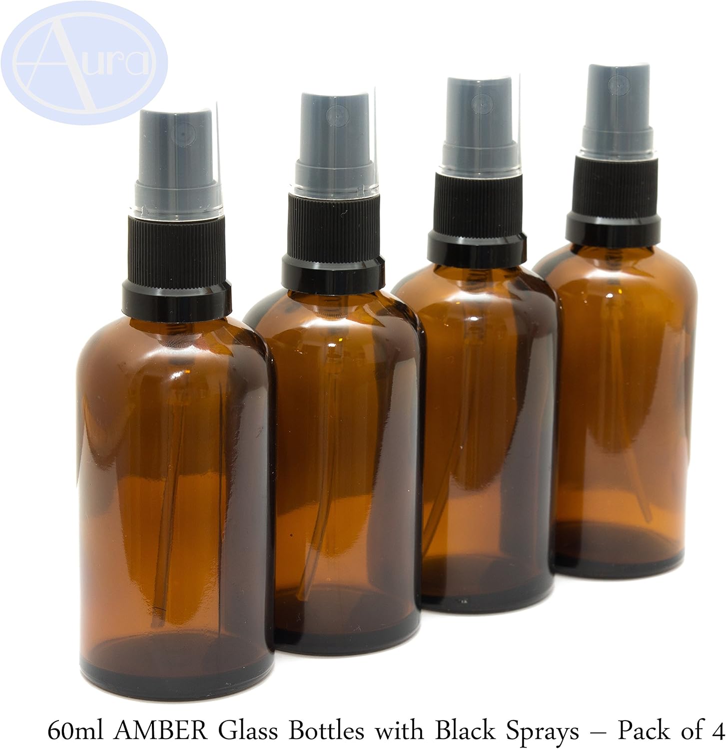 Aura 60ml Amber Glass Bottles with Black ATOMISER Sprays - Pack of 4