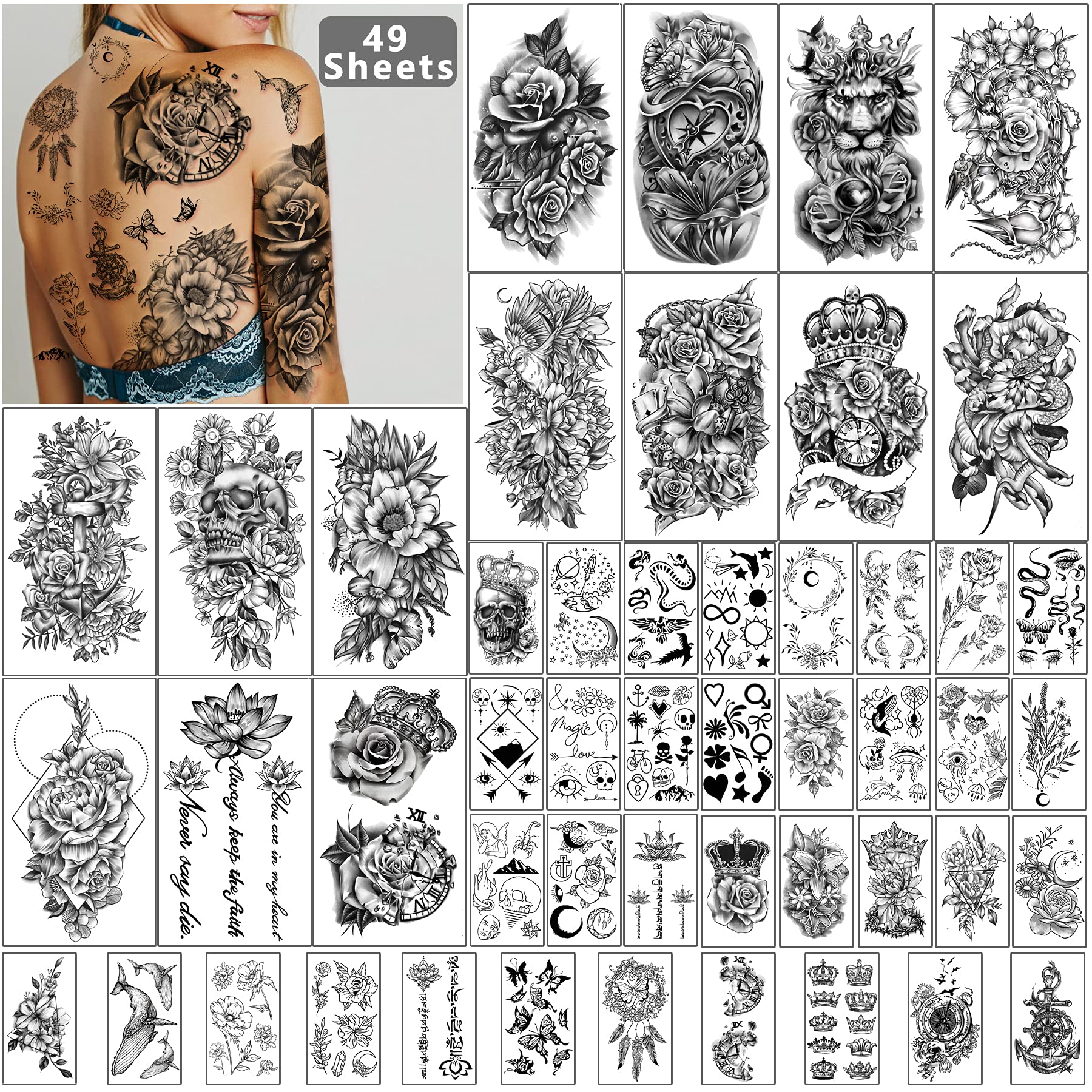 Yazhiji 49 sheets Large Flowers Butterfies Crown Waterproof Temporary Tattoos for Women and Girls,Fake Tattoos for Kids or Adults Boby Make Up Tattoo