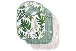 Little Unicorn Cotton Muslin Classic Bib 3 Pack– 100% Cotton – Machine Washable - Softer with Every Wash – Playful Designs - 3 Lightweight, Breathable Layers – for Boys and Girls (Tropical Leaf Set)