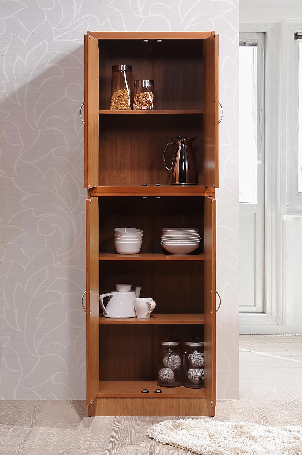 Hodedah 4 Door Kitchen Pantry with Four Shelves, Cherry: Furniture & Decor